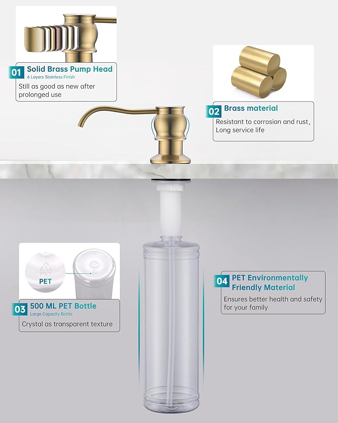 Built in Deck Mount Liquid Lotion Kitchen Countertop Metal Soap Dispenser, Brushed Gold Brass Dispenser Pump with 47.2" Silicone Long Tube for 0.79 "- 1.38" High Capacity Bottle Mouths