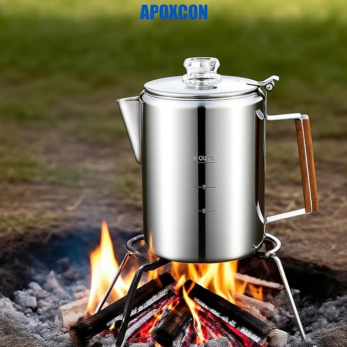 APOXCON Coffee Percolator Camping Coffee Pot Stainless Steel with Glass Knob Using on any Stovetop - NO Aluminum NO Plastic (9 Cup)