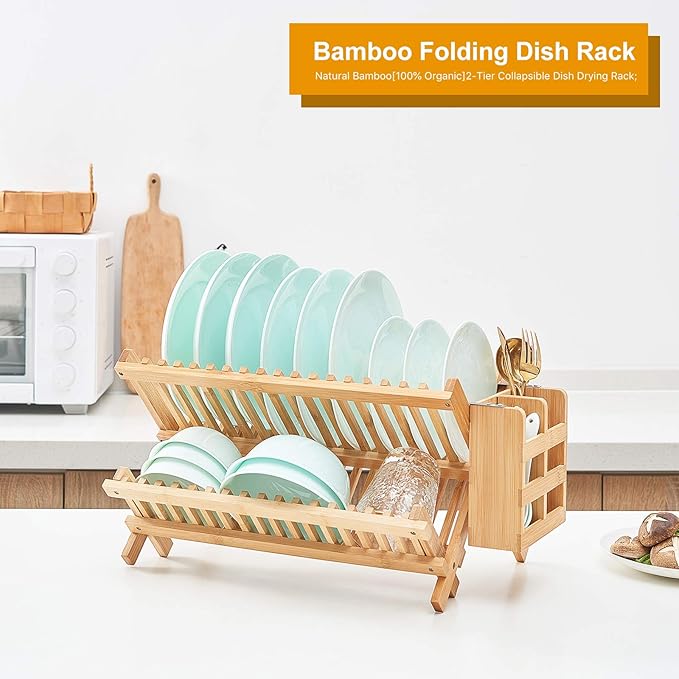 Bamboo Dish Drying Rack, 2 Tier Collapsible Dish Rack with Utensil Holder, Wooden Dish Drying Rack for Kitchen Counter, Large Folding Drying Holder, Dish Drainer 34 pcs Grid