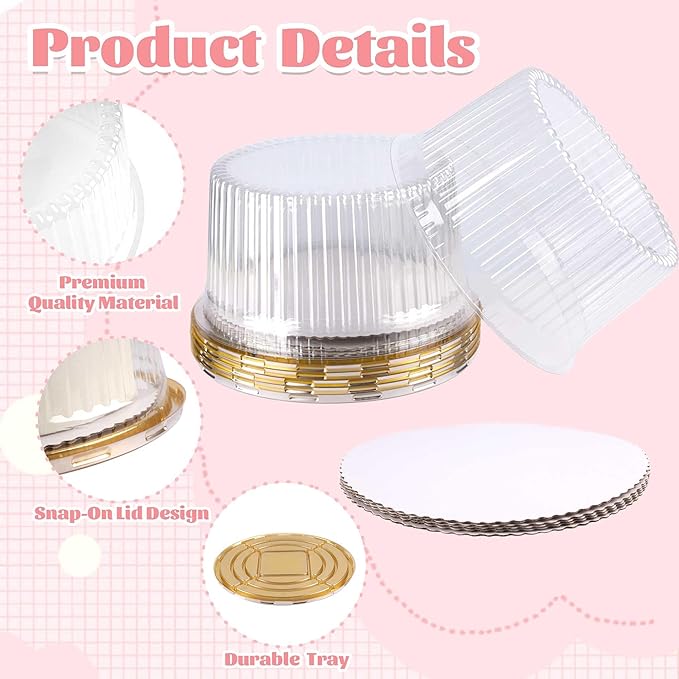 NPLUX 10 Inch Plastic Cake Carriers Gold Cake Containers with Lid and White Cake Boards, Clear Cupcake Holder for 1-2 Layer Cheesecake, Bundt Cake Pie Bakery Supplies(5 Pack)