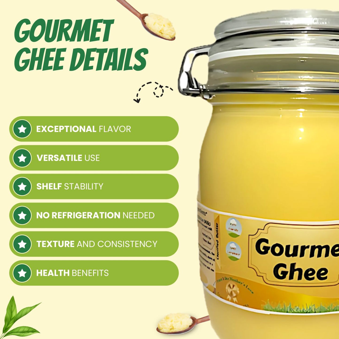 Premium Gourmet Clarified Butter - Natural & Pure Grass-Fed Ghee for Energy, Gut, and Immune Health Support - Versatile Healthy Cooking for Spreading, Baking & Sauteing 2- lbs (32Oz - Natural Ghee)