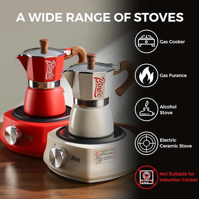 Bincoo Espresso Maker Stovetop, Moka Pot 3 Cups, Espresso Pot Classic Italian Coffee Maker,Single Safety Valve (Red, 3 Cup)
