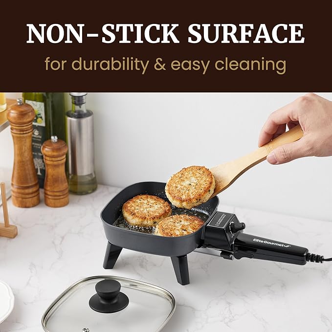 Elite Gourmet EFS059 Personal Electric Skillet, 7” Compact Portable Cooker, Adjustable Temperature, 600W Rapid Heating, Nonstick Surface, Tempered Glass Lid, Removable Handle, Black