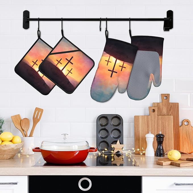 Christian Blessed Cross Sunset Oven Mitts and Pot Holders Sets 4Pcs Silicone Non-Slip Mitts Heat Resistant Gloves Hot Pads for Kitchen Cooking Baking Grilling BBQ