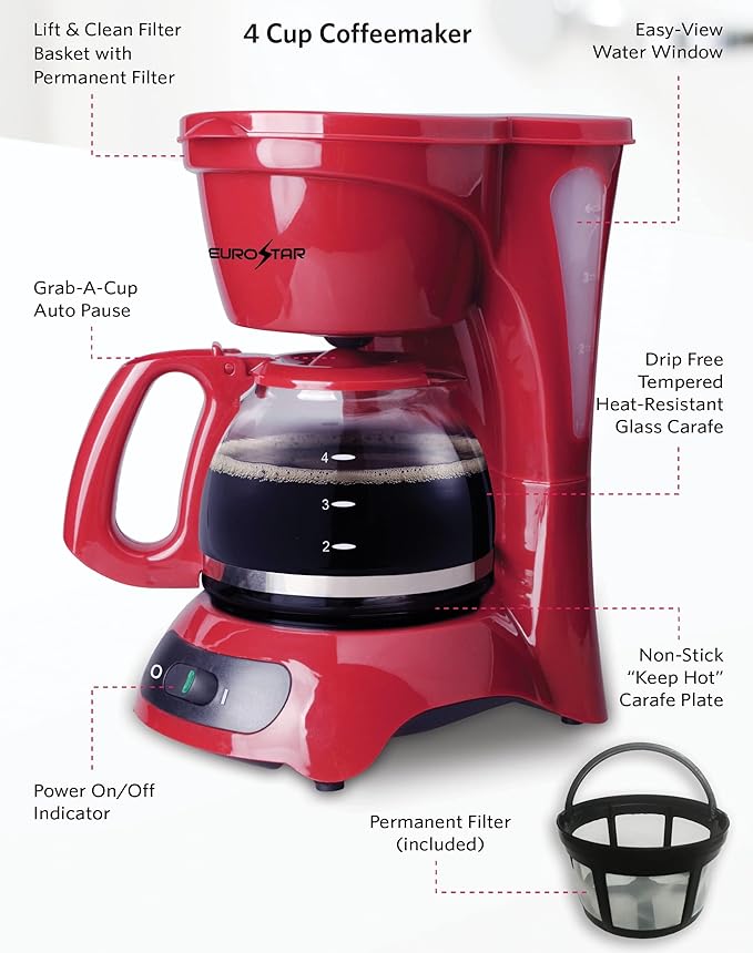 EUROSTAR ECM621R 4-Cup Coffeemaker, Red