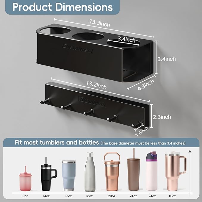 Magnetic Cup Holder for Fridge for 20/30/40 oz Stanley Tumblers Water Bottle Storage Holders & Lid Hook Organizers (3 Cups, 5 Hooks)