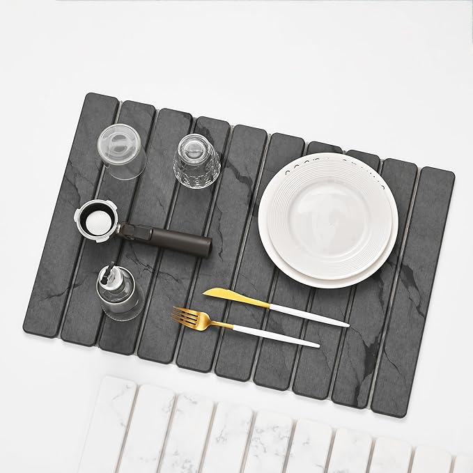 Large Stone Drying Mat for Kitchen Counter, 24''L x 16''W Diatomaceous Earth Collapsible Dish Drying Mat, Quick Drying Mat, Glasses and Flatware, Matches Any Countertop (Veined-B, 24" x 16")
