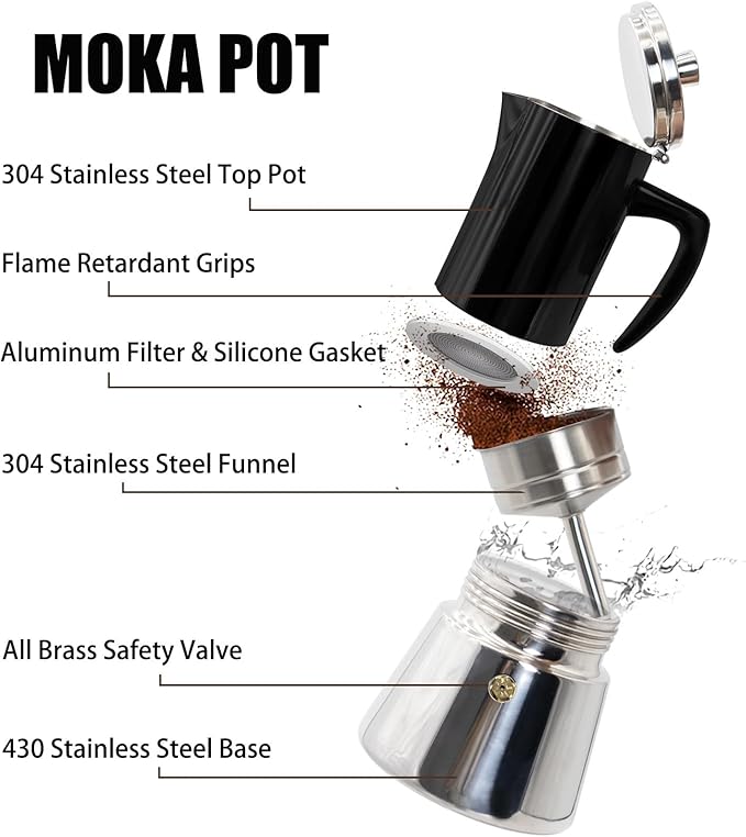 4 Cup Thickened 304 Stainless Steel Moka Pot Stovetop Espresso Maker Cafeteras Italian Percolator Espress Makers Capable Greca Mocha Coffee Machine for Induction Home and Camping 200ml 6.6oz