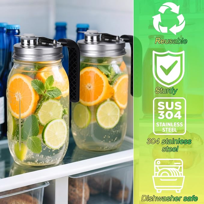 Mason Jar Pour Spout Lid Stainless Steel with Handle, Regular Mouth Pour Spout Flip Cap Lids for Mason Jars, Anticracking Leak Proof Seal Cover Airtight for Drinking Salad Dressing Food Storing(4PCS)