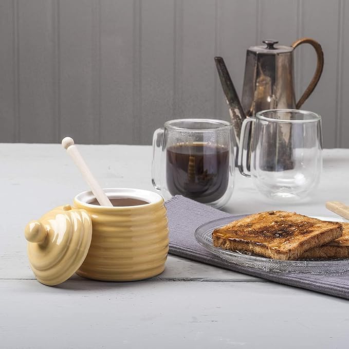 WM Bartleet & Sons 1750 Traditional Porcelain Honey Pot with Beech Wood Dipper 11cm – Yellow