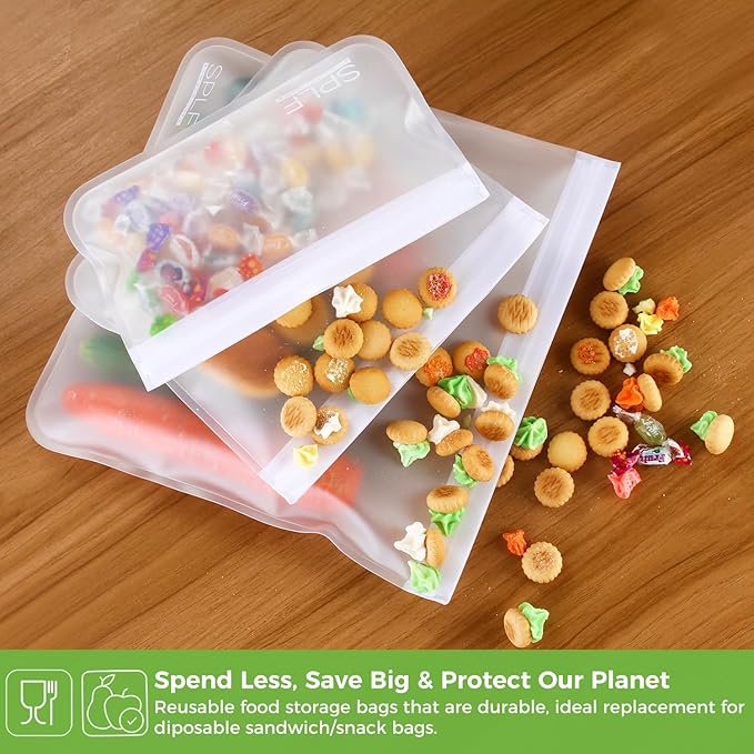 SPLF 10 Pack Dishwasher Safe Reusable Snack Bags, BPA Free Reusable Food Storage Freezer Bags Leakproof Silicone and Plastic Free Lunch Bags Fridge Home Organization