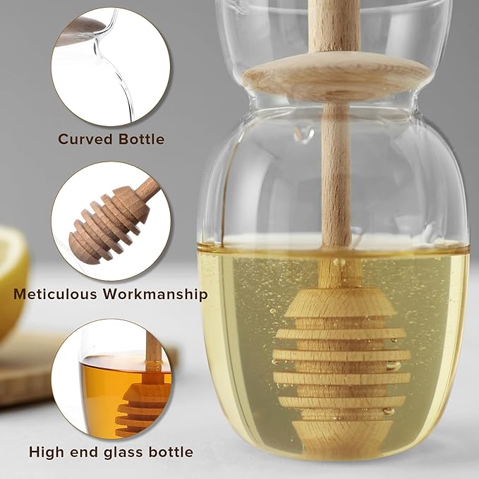 Viva Handmade Small Glass Honey Jar with Dipper and Lid – Borosilicate Glass Honey Container Dispenser, No-Drip Wood Stick for Smooth Pouring – 10 oz / 300 ml for Kitchen & Tea Ritual