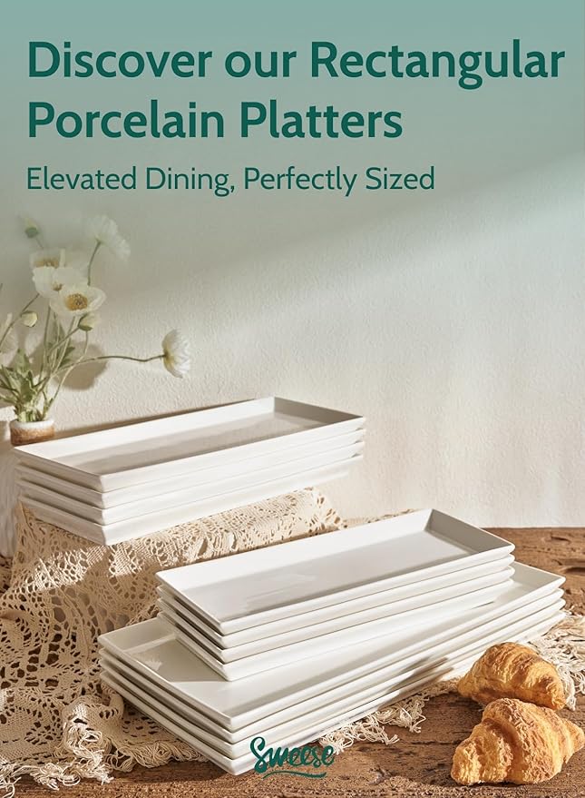 Sweese White Serving Platters, Porcelain Serving Trays for Parties, Large Rectangular Plates - 15.5 Inch, Set of 4
