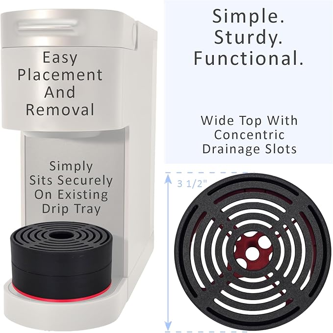 Elevate Anti-Splash Cup Riser Accessory for most Keurig K-cup, Cuisinart Single Serve, and other Coffee Makers, Adjustable for Cup Size and Drip Tray Type (Black with Red Base)