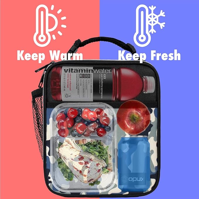 opux Premium Insulated Lunch Box, Soft School Lunch Bag for Kids Boys Girls, Leakproof Small Lunch Pail Men Women Work, Reusable Compact Cooler Tote Lunchbox for Office Adult, Camo Blue