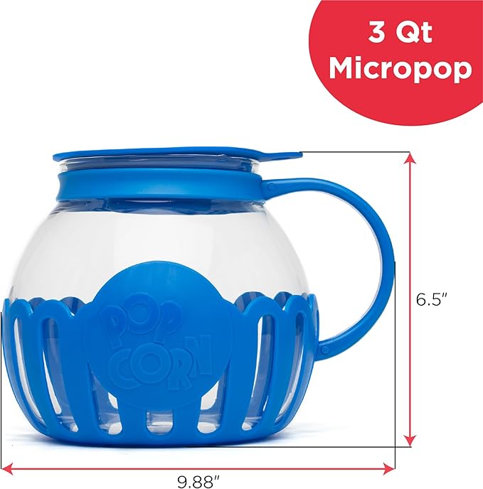 Ecolution Patented Micro-Pop Microwave Popcorn Popper with Temperature Safe Glass, 3-in-1 Lid Measures Kernels and Melts Butter, Made Without BPA, Dishwasher Safe, 3-Quart, Blue