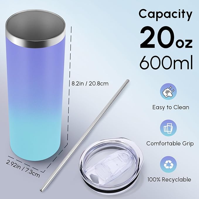 Volhoply 4 Pack Skinny Tumblers with Lid and Straw, 20oz Stainless Steel Straight Tumbler Bulk, Vacuum Insulated Coffee Mug for Home, Office, Travel, DIY (Purple Bule,4 Pack)
