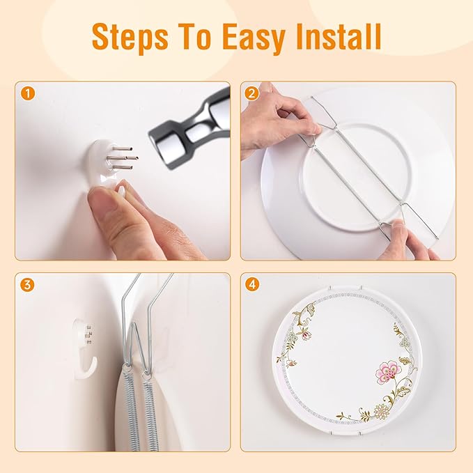 Bilillo 14 Pcs Plate Hangers for the Wall - 8/10/12/14/16 Inch Invisible Plates Hanger, Stainless Steel Plate Holders with 14 Pieces Wall Hooks for 7.5 to 19.5 Inch Decorative Plates and Arts (Silver)