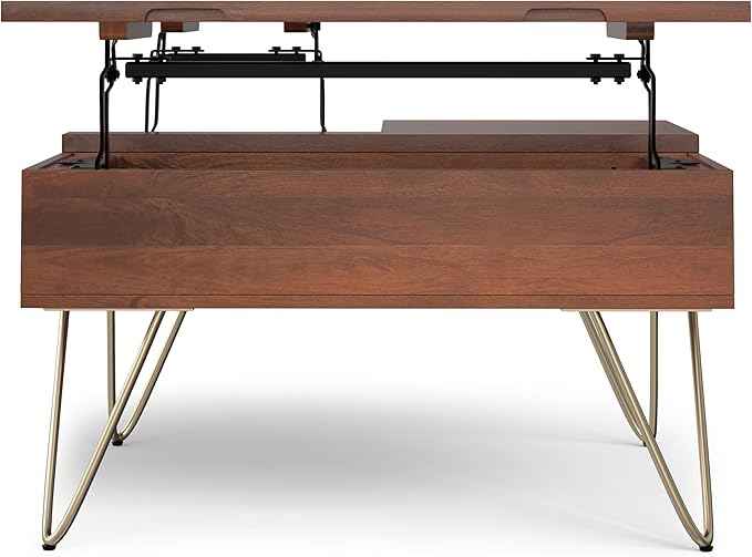 SIMPLIHOME Hunter Lift Top Coffee Table - 32 inch Wide Solid Mango Wood Industrial Square Cocktail Table in Umber Brown, Living Room Table with Dual Lift Tops, Hidden Storage and Gold Hairpin Legs