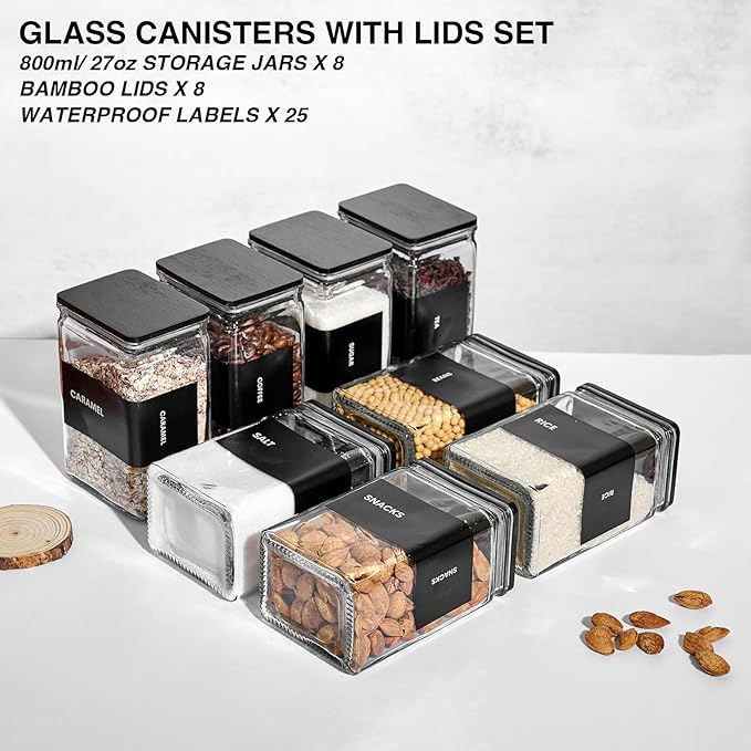 Glass Storage Jars with Bamboo Lids, 27oz Square Food Storage Containers for Kitchen Pantry Organization, Storage Canisters with Labels for Cereal Flour Beans Tea, Large Spice jars Seasoning Bottles