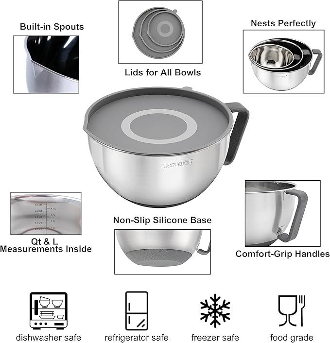 Rorence Mixing Bowls Set: Stainless Steel Non-Slip Bowls with Pour Spout, Handle and Lid - Set of 3 - Gray