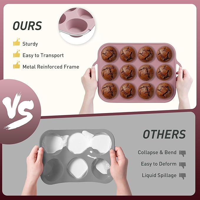 Socisen 12 Cups Silicone Muffin Pan with Metal Reinforced Frame Regular Size Cupcake Pan Tray Egg Bites Silicone Cookie Molds Muffin Tin Best Baking Pans Tart Pan Sheet Set Reusable Cupcake Liners