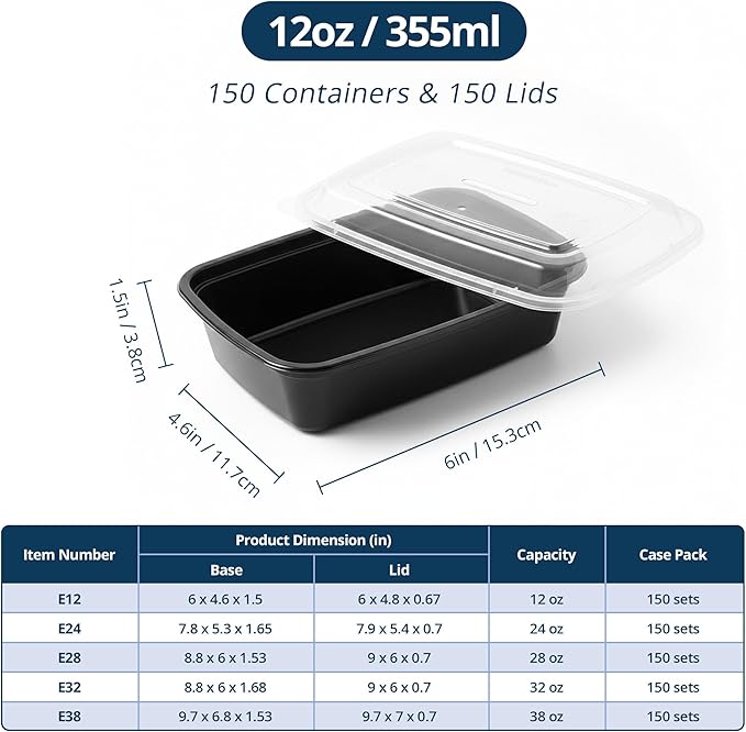 Tiya Meal Prep Containers with Lids - 150 Pack 12 oz BPA-Free Plastic Food Storage Containers Leak-Proof, Microwave, Dishwasher & Freezer Safe Reusable To-Go Boxes for Portion Control & Catering