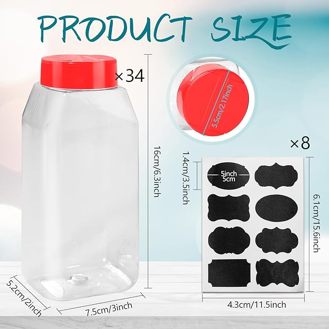 34 Pack 16 oz Plastic Spice Jars with Cap Clear Empty Square Bottle With flip lid Reusable Spice Bottle Large Seasoning Jars Powder Storage Container for Storing Seasoning Powders Supplies(Red)