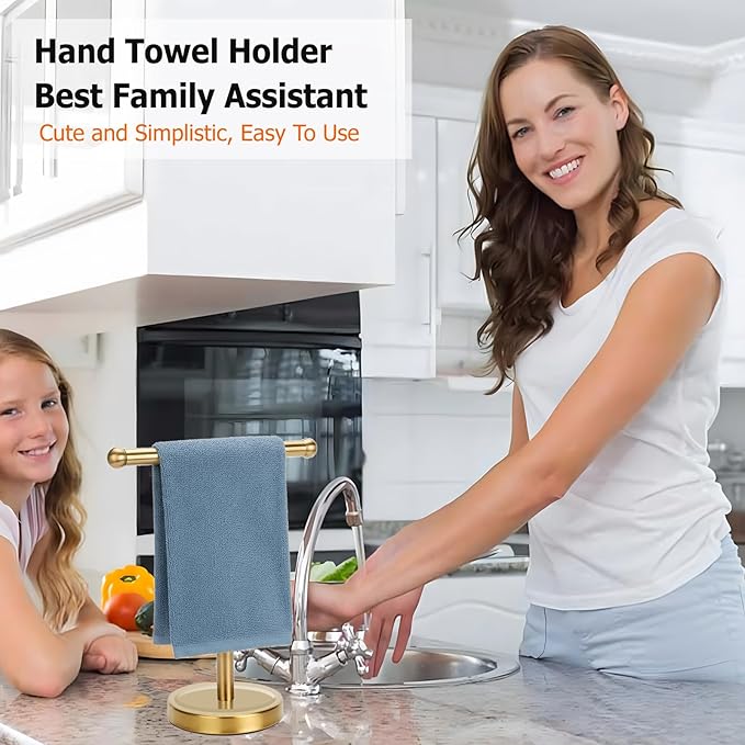 Gold Hand Towel Holder Stand with Heavy Stainless Steel Base, T-Shape Towel Rack, Free-Standing Towel Holder Countertop for Bathroom (Brushed Gold)