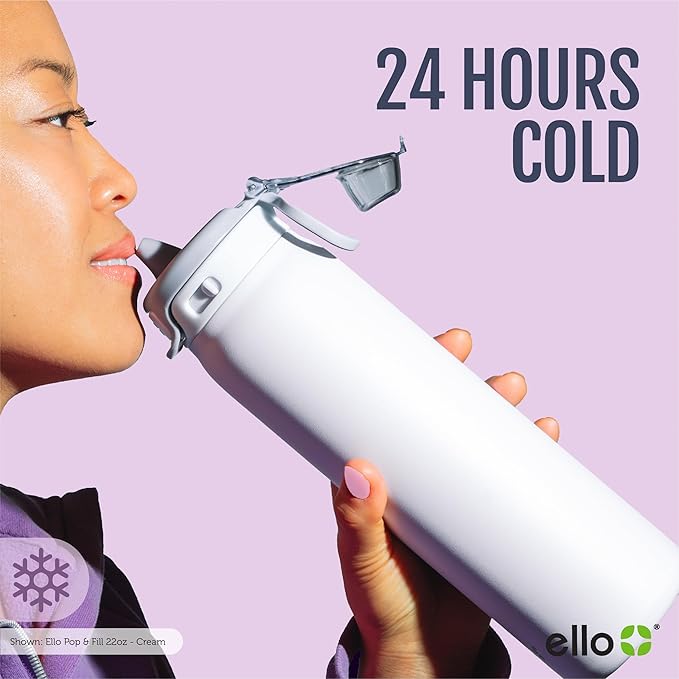 Ello Pop & Fill 22oz Stainless Steel Water Bottle with QuickFill Technology, Double Walled and Vacuum Insulated, Leak Proof Locking Lid, Straw and Chug, Fits Cupholder, Reusable BPA Free, Strawberries
