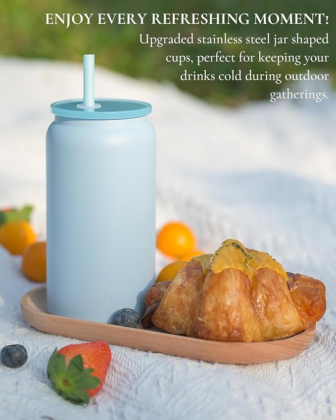 Glass Cups With Lids and Straws, 16oz Stainless Steel Beer and Iced Coffee Cup, Smoothie Drinking Cup, Light Blue (Textured Matte Finish, Not Sublimatable)