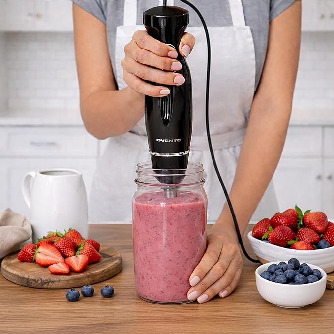 OVENTE Immersion Hand Blender, 300W Electric Handheld Stick Mixer with 2 Mixing Speeds and Stainless Steel Blades for Smoothies, Purees & Baby Food, Black HS560B