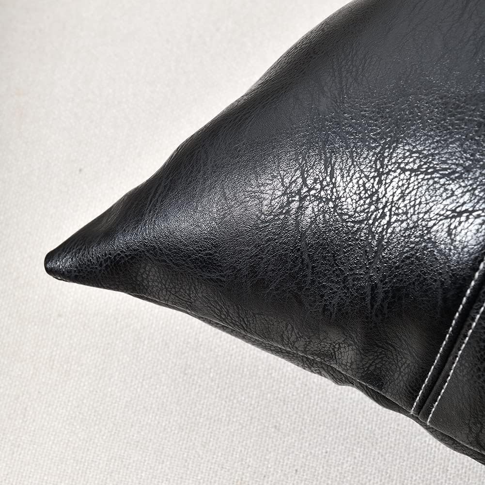 Fancy Homi Black Boho Faux Leather Decorative Throw Pillow Covers 16x16 Inch for Living Room Couch Bed Sofa, Rustic Modern Farmhouse Home Decor, Hand Stitched Square Cushion Case 40x40 cm