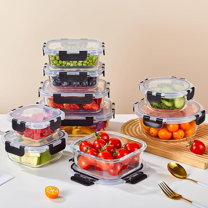 Liuruiyu 12 Pack Glass Food Storage Containers with Lids, Meal Prep Containers, Airtight Bento Boxes with Leak Proof Locking for Microwave, Oven, Freezer and Dishwasher, BPA Free