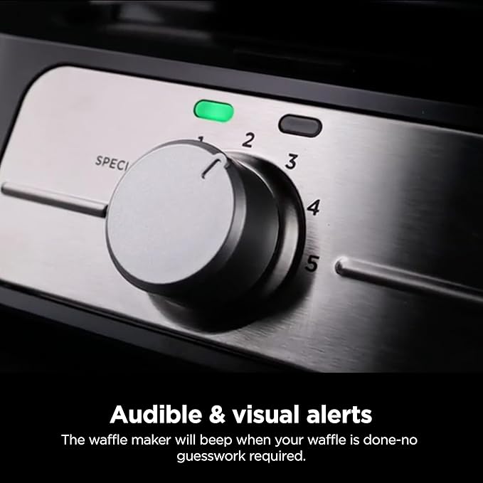 Ninja Belgian Waffle Maker Pro | Vertical Design | 5 Shade Settings with Precision-Pour Cup & Chef-curated Recipe Guide | Black & Silver | BW1001