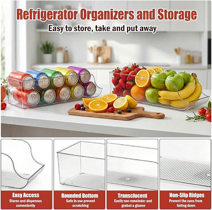 4 Pack Soda Can Organizer, Drink Organizer for Fridge, Clear Kitchen Pop Can Storage Organizer Soda Dispenser for Refrigerator Pantry