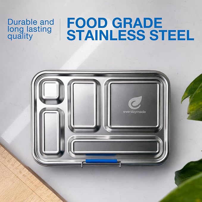 Stainless Steel Bento Box for Adults, 5 Compartment Leak-Resistant Lunch Box, Removable Silicone Seal, Snap Latch Lid, 4 Cup Metal Food Container with Utensil Section, Cerulean Blue