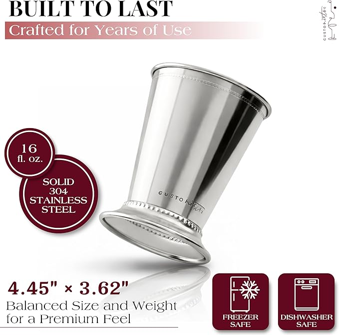 Gusto Nostro Mint Julep Cups Set of 2 - Stainless Steel Julep Cup Kit with Straws, Muddler, Spoon,Recipes, Vases - Southern-style Cocktail Glasses for Home Bar - Stainless Steel Cocktail Cups (Silver)