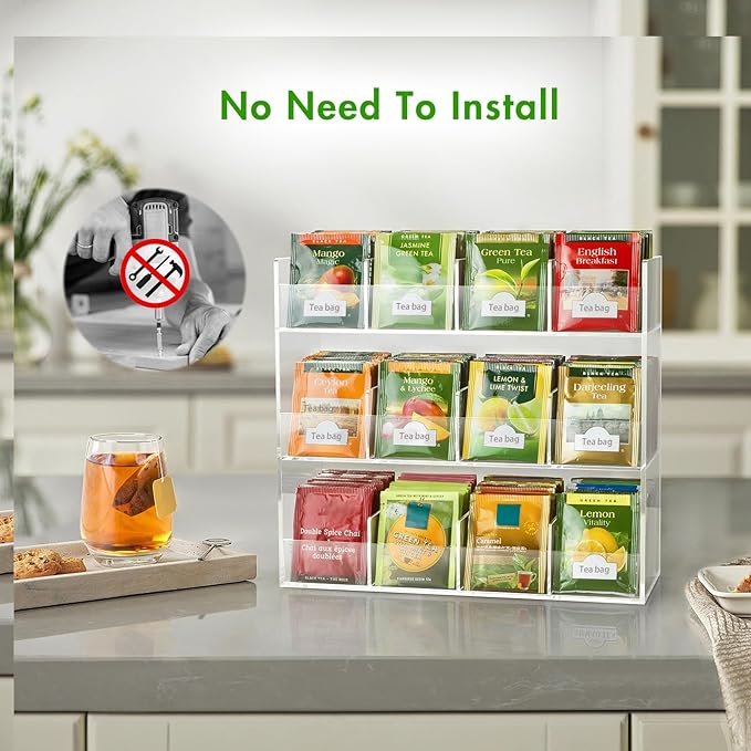 BEYGORM Acrylic Tea Bag Organizer for 216 Tea Packets, No Assembly Required, Display Holder for Countertop, Vertical Tea Bag Caddy for Cabinet, Tea bar Accessories, Teabags Storage Containers