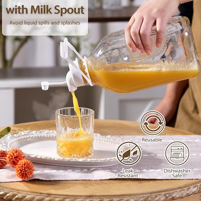 CUCUMI 2 Pack 64 Oz Glass Milk Bottle with Reusable Strong Airtight Screw Lid, 2 Qt Glass Juice Bottles for Almond Milk