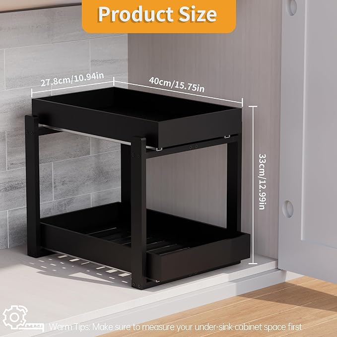 Bamboo Wood Under Sink Organizer 2 Pack, Pull Out Cabinet Organizer 2 Tier Under Sink Organizers and Storage with Sliding Drawer Sturdy Easy Assembly for Kitchen Bathroom (Black)