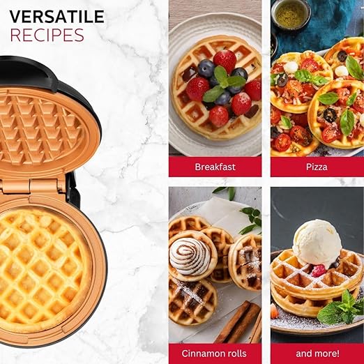 Holstein Housewares 4-inch Personal Waffle Maker, Black and Copper Color - Delicious Waffles in Minutes