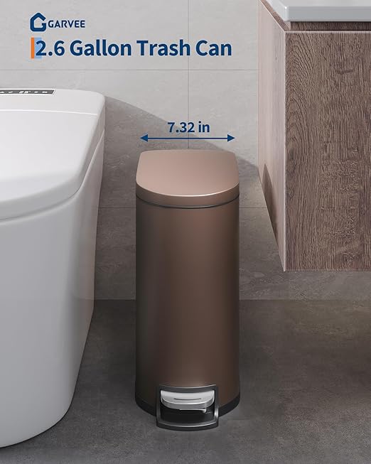 GarveeHome 2.6 Gallon Bathroom Trash Can, Space-Saving Slim Stainless Steel Step-On Garbage Bin with Soft Close Lid, Removable Inner Bucket for Bathroom & Bedroom,Brown