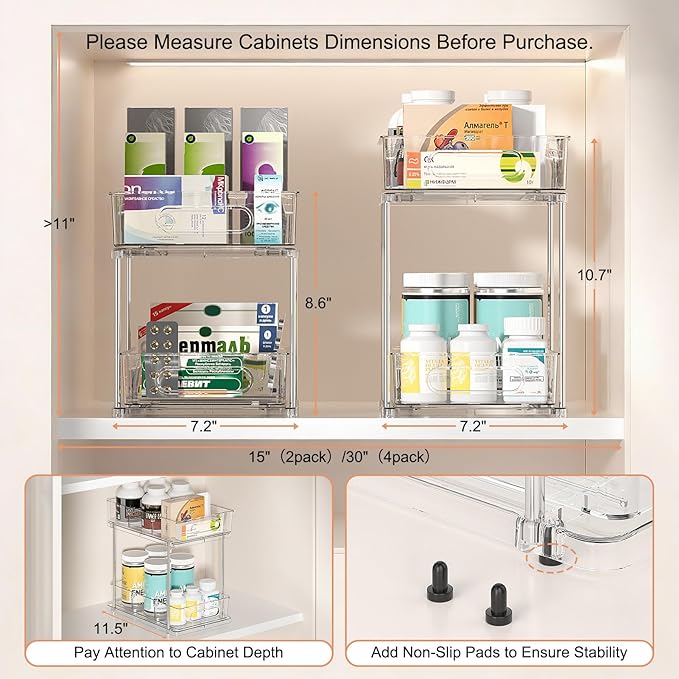 Delamu 2 Tier Snap-Lock Bathroom Under Sink Organizers and Storage, Multi-Purpose Cabinet Drawers with Movable Dividers, Pull Out Organization for Countertop, Kitchen and Pantry(Clear, 4 Pack)