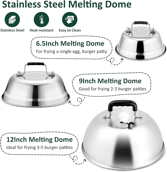 3Pcs Basting Cover & Smash Burger Press, Leonyo 12"- 9"- 6.5" Melting Dome for Griddle, Cast Iron Bacon Press Griddle Steam Dome Lids Smash Burger Kit for Kitchen, Outdoor BBQ Flat Top Grill