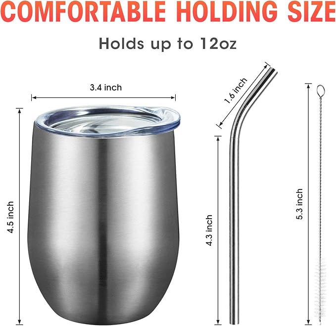 COMOOO 16 Pack 12oz Insulated Wine tumbler with Lid, Stainless Steel Stemless Wine Tumbler,Double Wall Vacuum Wine Tumbler Cups with Straw for Coffee, Cocktails,Beer,Champaign, Silver