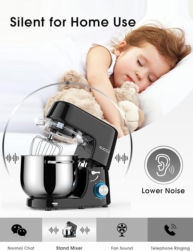 9.5 QT Double Handle KUCCU Stand Mixer, 6 Speed with Pulse Electric Kitchen Mixer, 660W Tilt-Head Food Mixer with Dishwasher-Safe Dough Hook, Flat Beater, Whisk, Splash Guard for home baking (Black)
