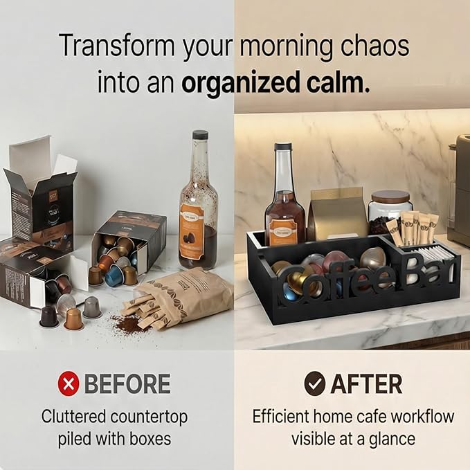Coffee Bar Organizer for Countertop – Wooden Coffee Caddy with Compartments for Pods, Sugar Packets, and Accessories – Coffee Condiment Station Storage for Home and Office (Black)