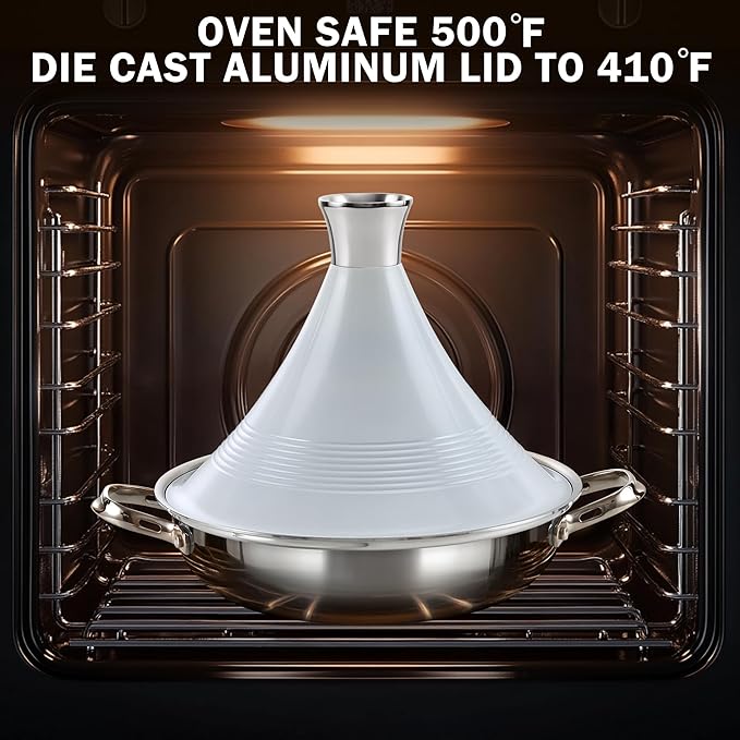 DM Tagine Pot, 11 Inch 3.6 Quart Moroccan Clay Tagine Pot Alternative, Multi-Ply Clad Stainless Steel, Traditional Cooking Pot with Die-Cast Aluminum White Conical Lid and Stainless Steel Knob