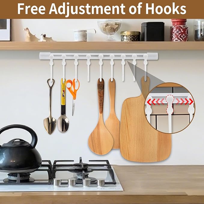 Kitchen Utensil Hanging Rack - Hooks for Kitchen Utensils, No Drilling Wall Mounted Utensils Holder, Kitchen Rail Rack with 10 Hooks Hanger for Bedroom Bathroom (Pack of 4)